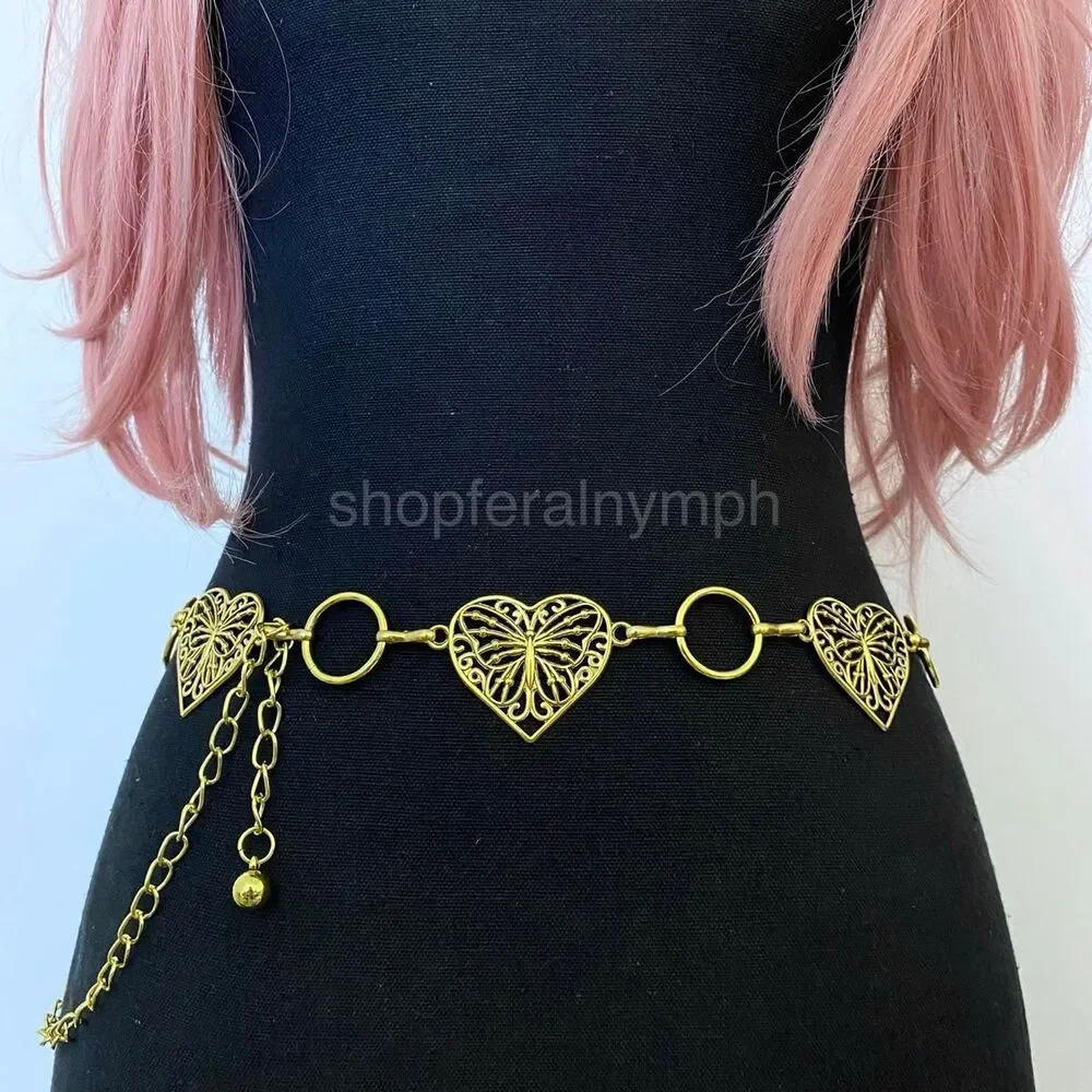 Gold Y2K Butterfly Heart Open Ring Chain Belt, Fits 25-44 Inches, X7GA1318
